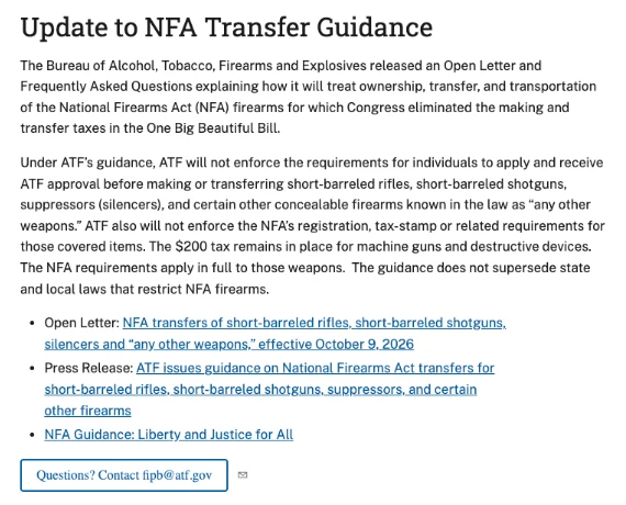 The top of the ATF's Update to NFA Transfer Guidance page, saying the agency will not enforce NFA approval, registration or tax-stamp requirements for suppressors, short-barreled rifles and shotguns